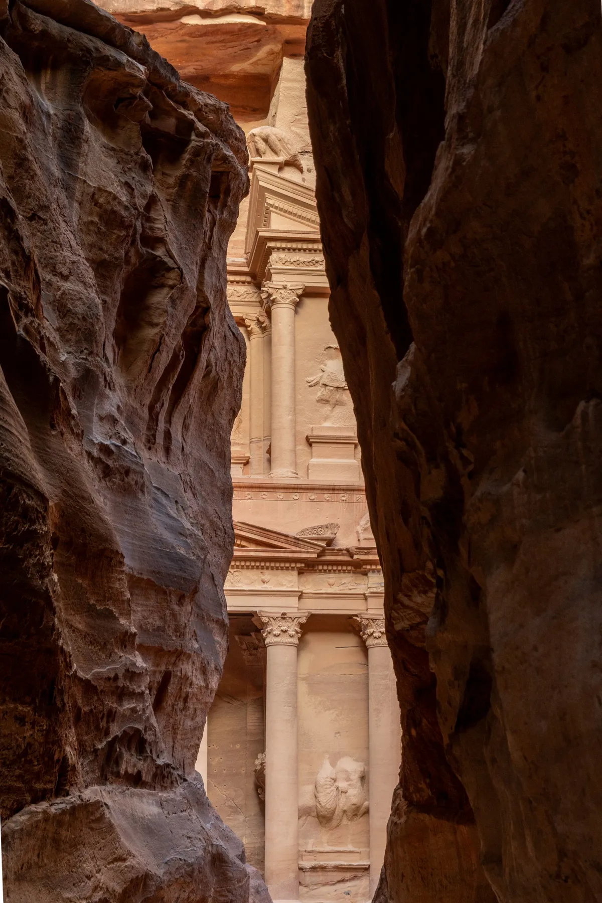 The narrow walls of the Siq canyon just before the Treasury appears, Petra, Jordan