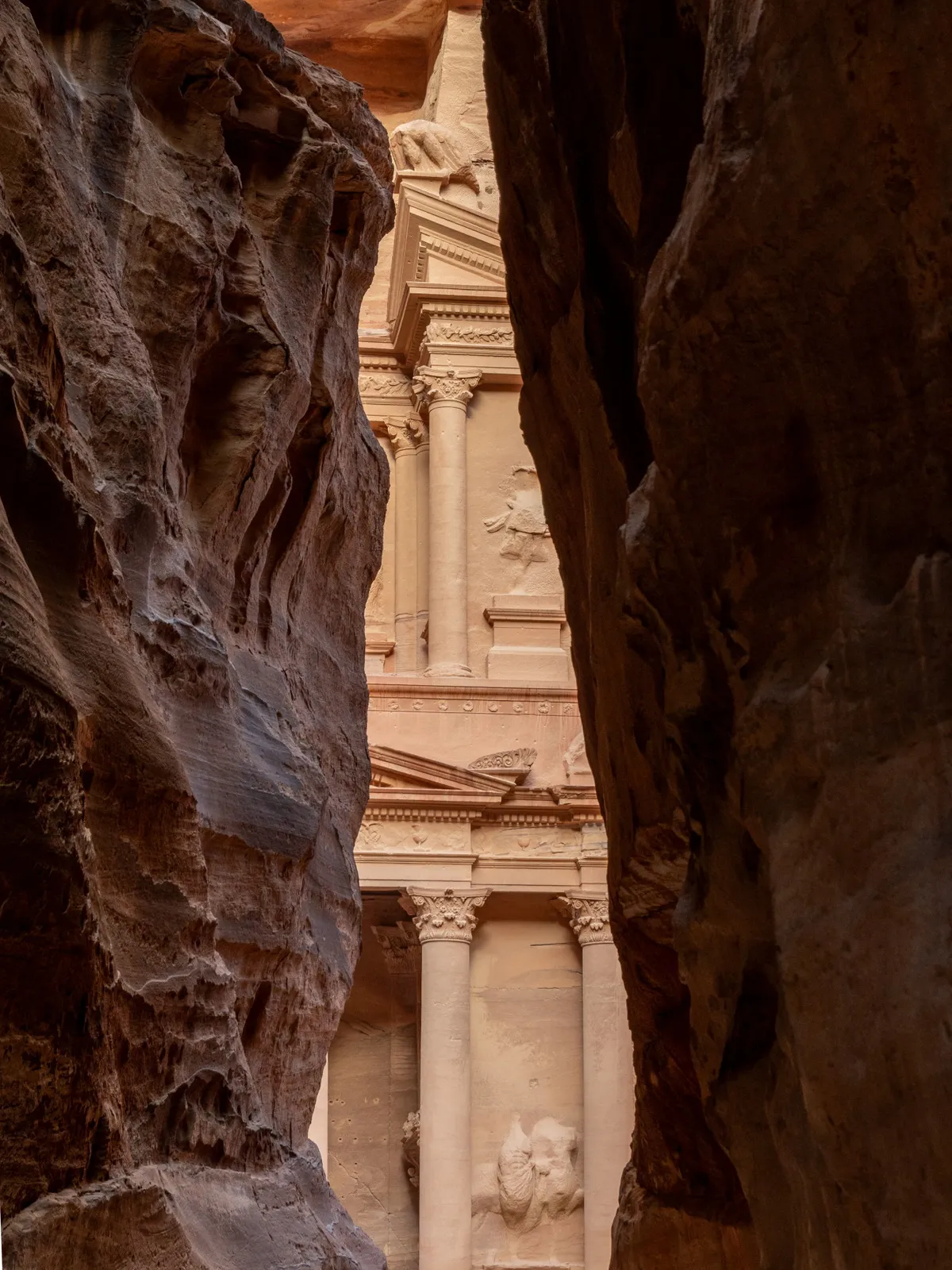 The narrow walls of the Siq canyon just before the Treasury appears, Petra, Jordan