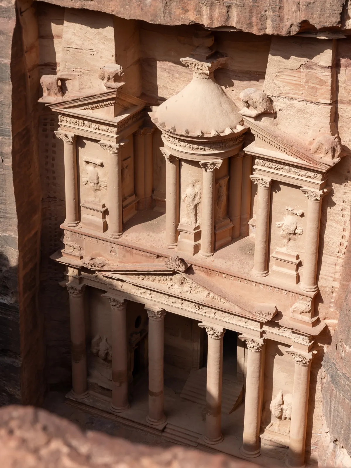 Aerial view down onto the Treasury from the ridge above, Petra, Jordan