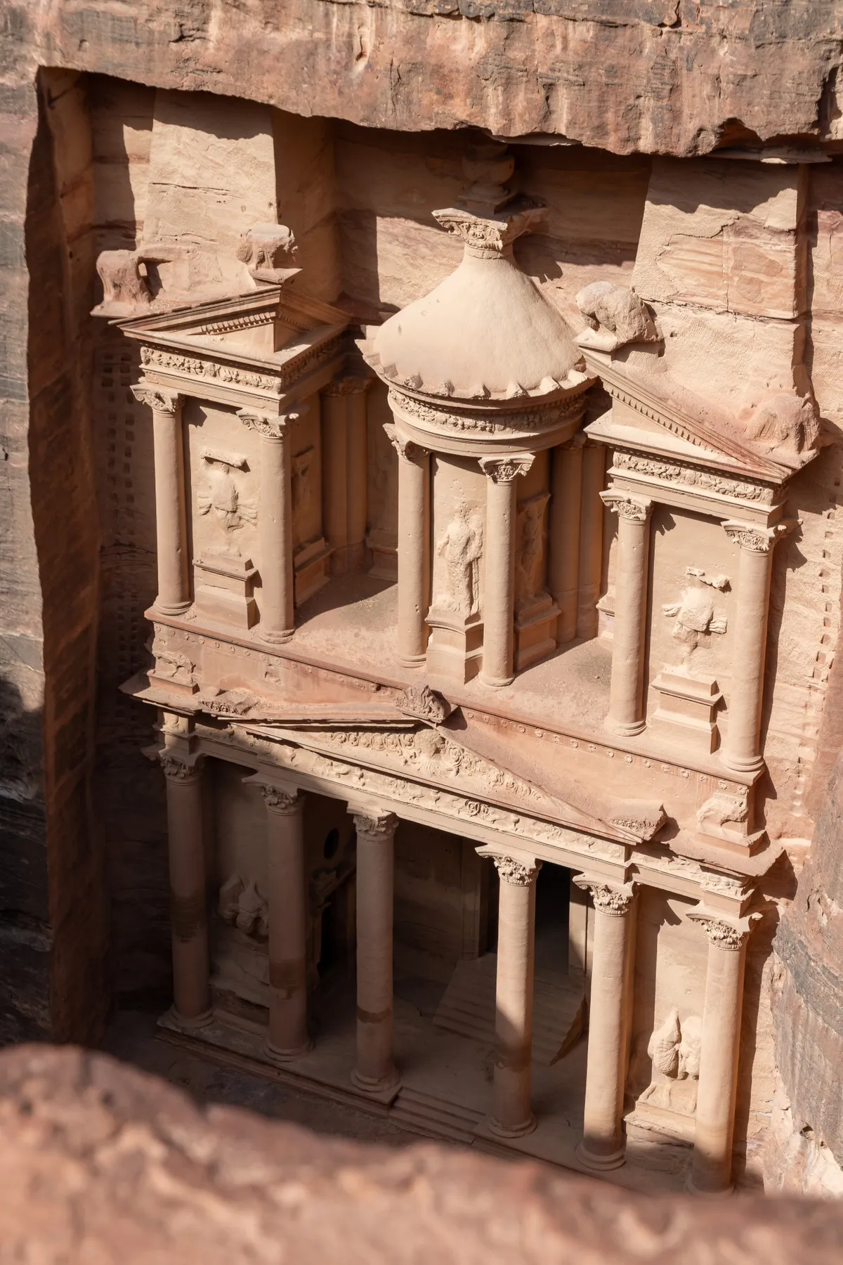Aerial view down onto the Treasury from the ridge above, Petra, Jordan