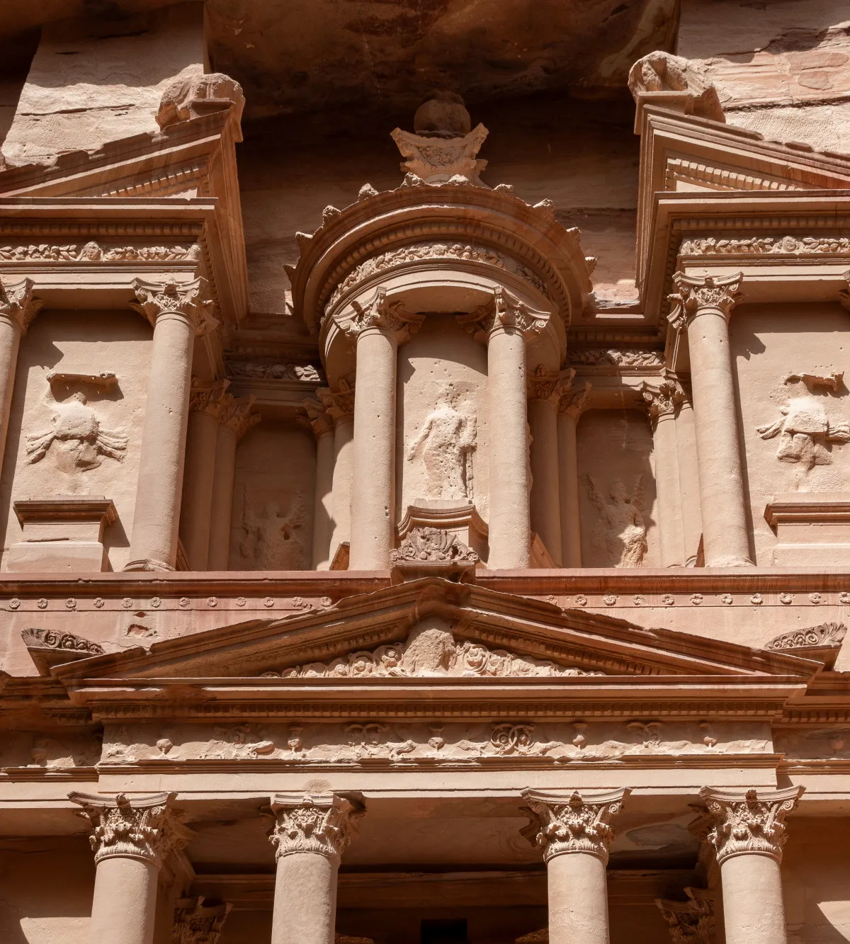 Close detail of the carved upper tier of the Treasury (Al-Khazneh), Petra, Jordan